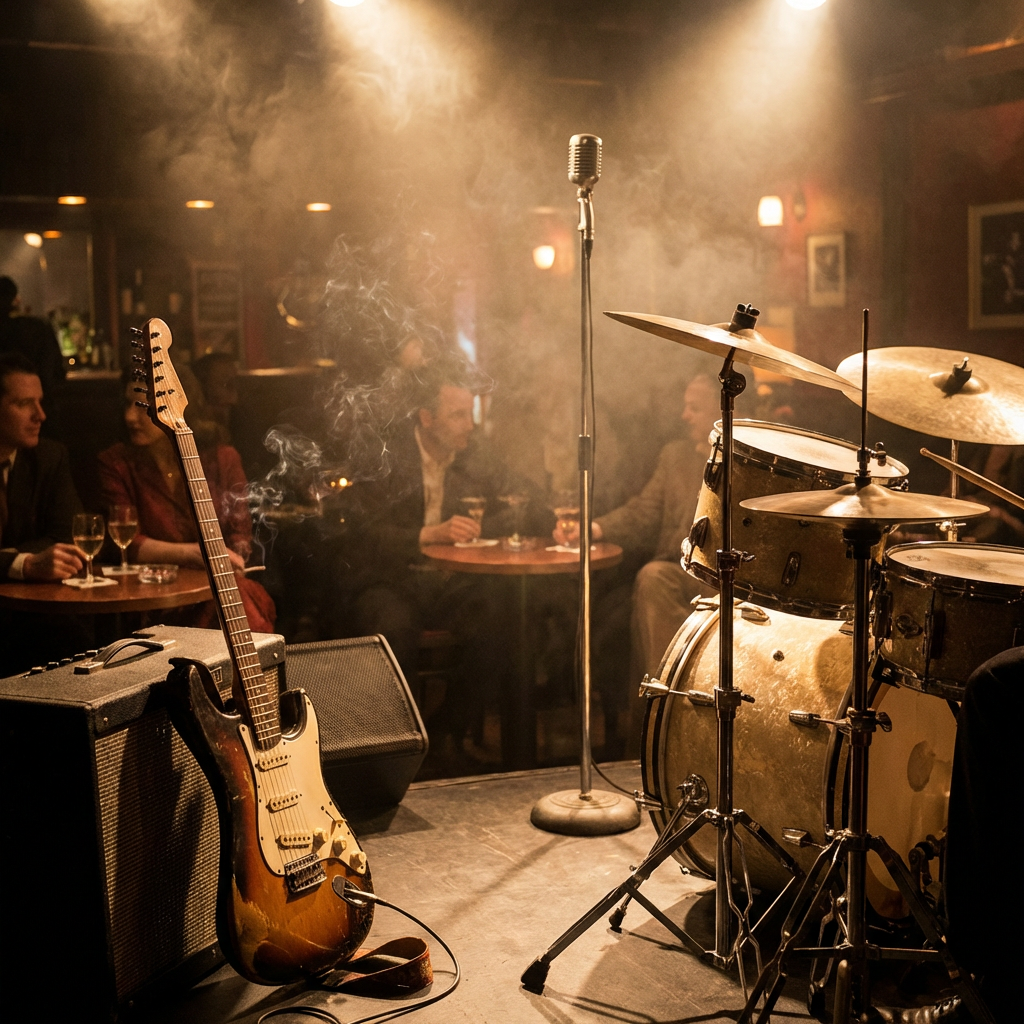 Guitar, drums, microphone in smoky jazz bar