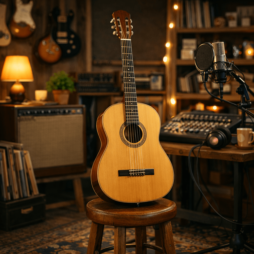 Acoustic guitar on stool in a cozy music recording room with microphone and amplifier