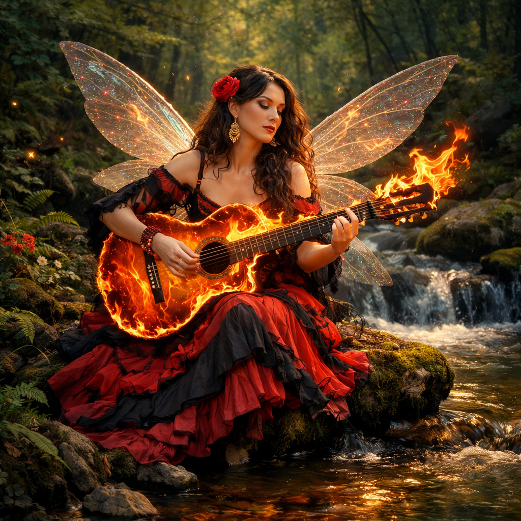 Fairy with transparent wings playing a guitar engulfed in flames by a forest stream